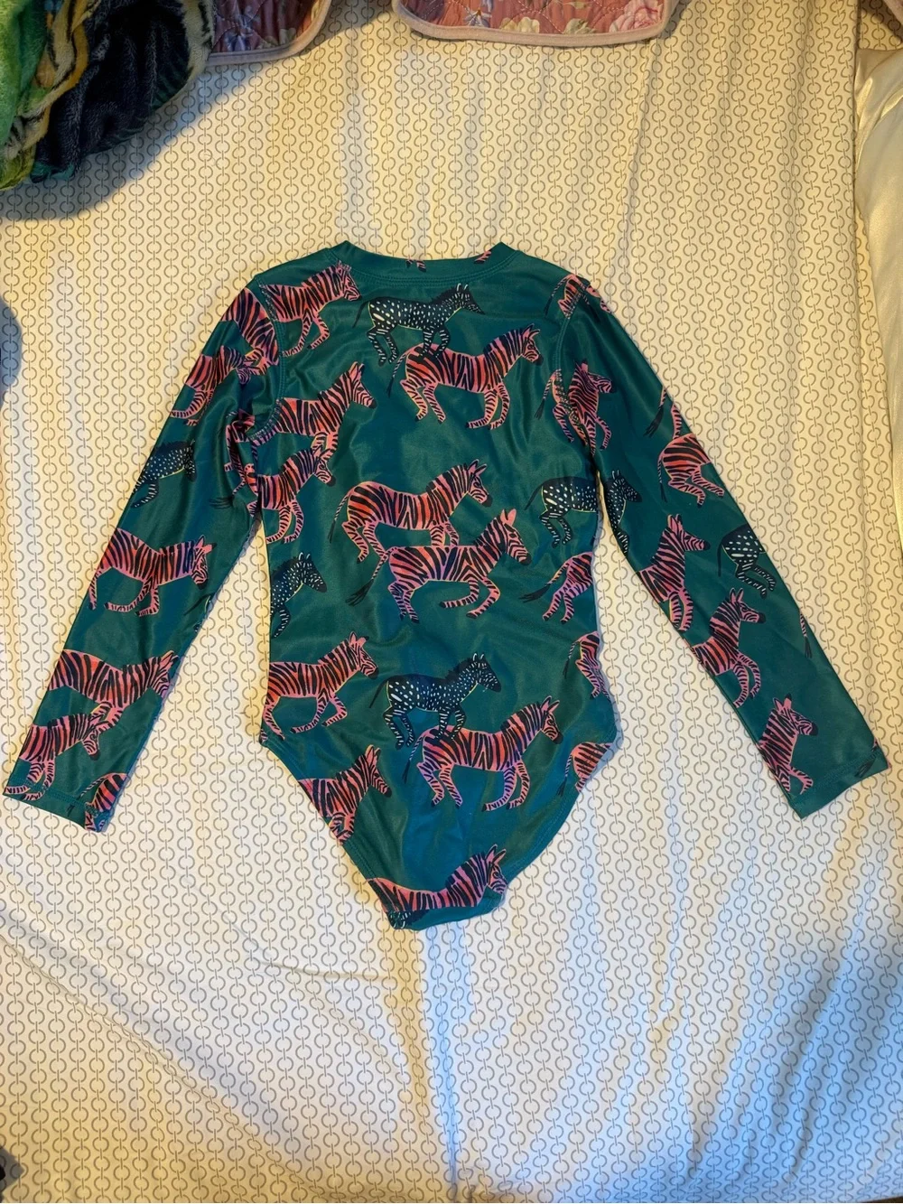 Tea Collection Teal Long-Sleeve One-Piece with Pink Zebra Print